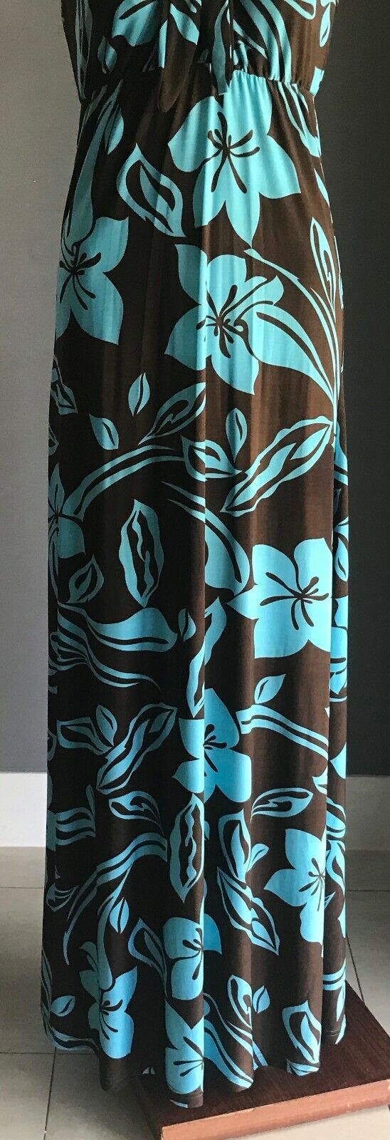 Maxi Dress CARLY Q Design Turquoise Brown Floral Strapless Elastic Waist 14 NEW