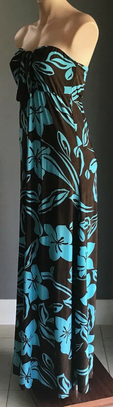 Maxi Dress CARLY Q Design Turquoise Brown Floral Strapless Elastic Waist 14 NEW