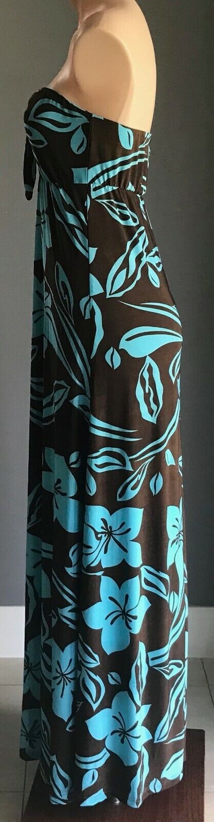 Maxi Dress CARLY Q Design Turquoise Brown Floral Strapless Elastic Waist 14 NEW