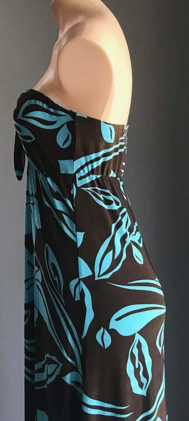Maxi Dress CARLY Q Design Turquoise Brown Floral Strapless Elastic Waist 14 NEW