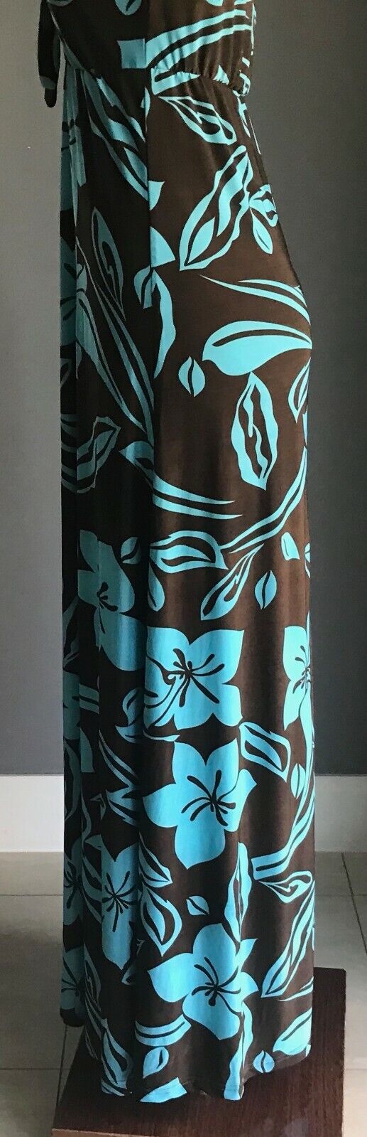 Maxi Dress CARLY Q Design Turquoise Brown Floral Strapless Elastic Waist 14 NEW