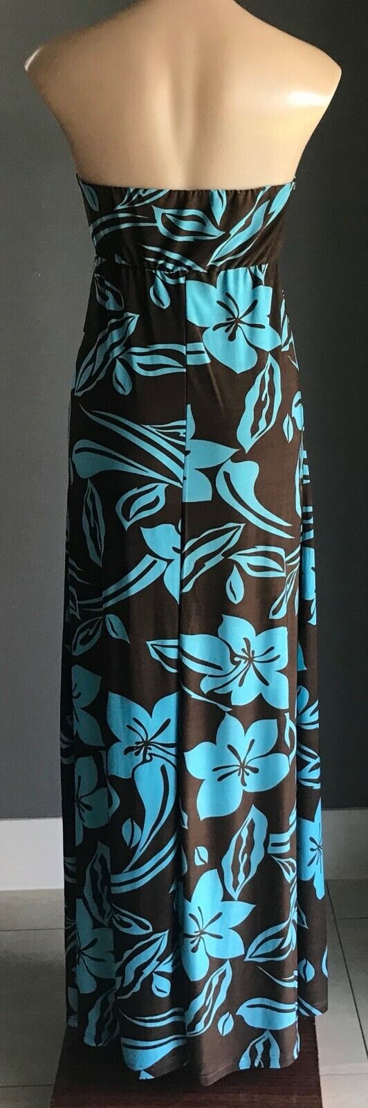 Maxi Dress CARLY Q Design Turquoise Brown Floral Strapless Elastic Waist 14 NEW
