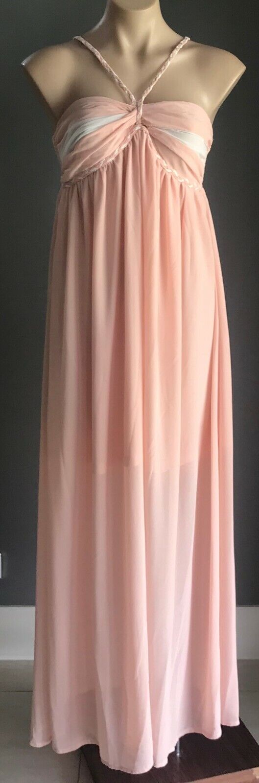 Maxi Dress REQUEST Blush Pink w White Trim Sleeveless Halter Neck Size 10 NEW