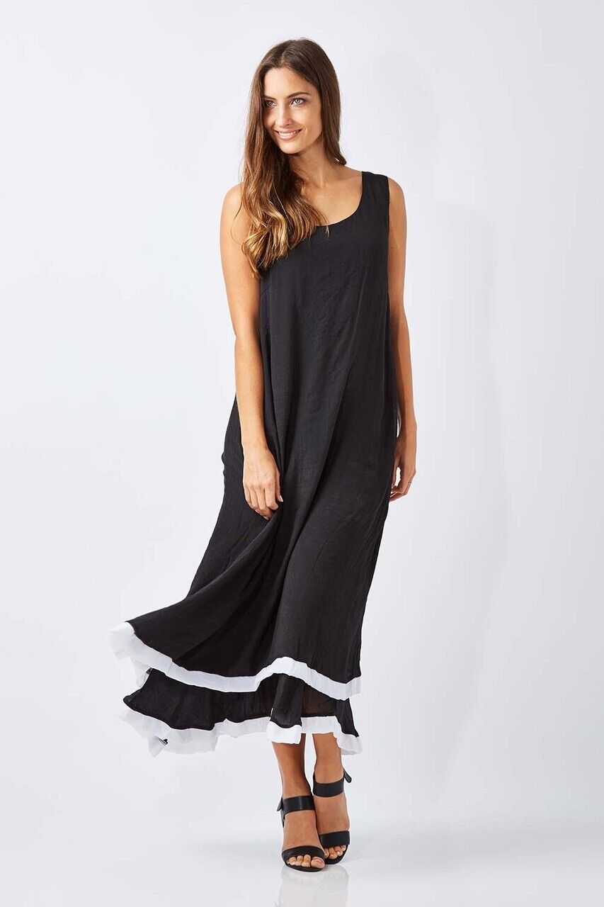 Maxi Dress BEE KEEPERS Black & White Hem Trim Sleeveless A-Line Size 14