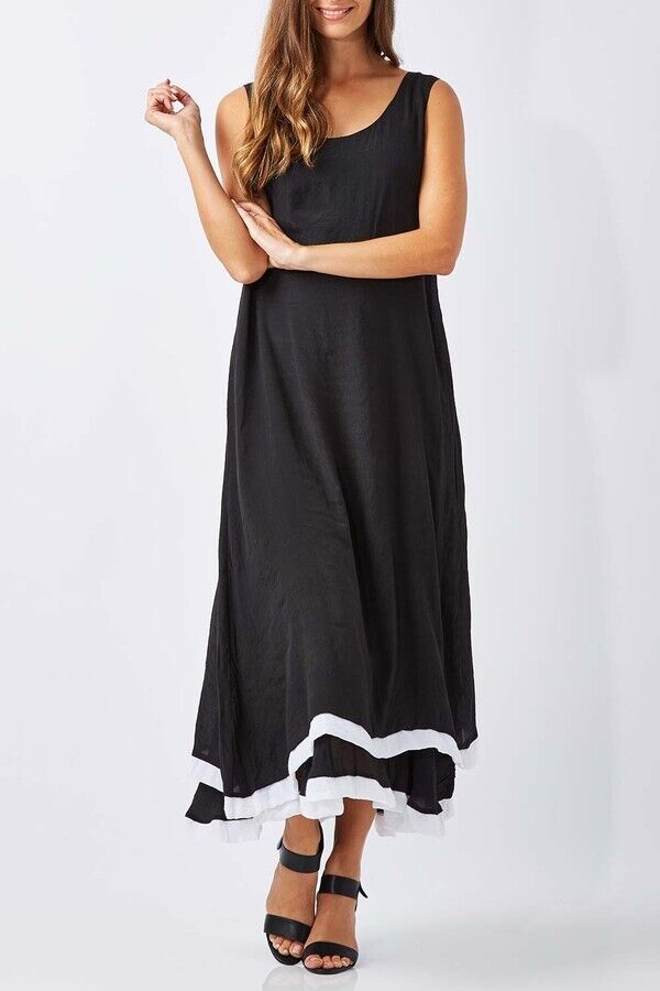 Maxi Dress BEE KEEPERS Black & White Hem Trim Sleeveless A-Line Size 14