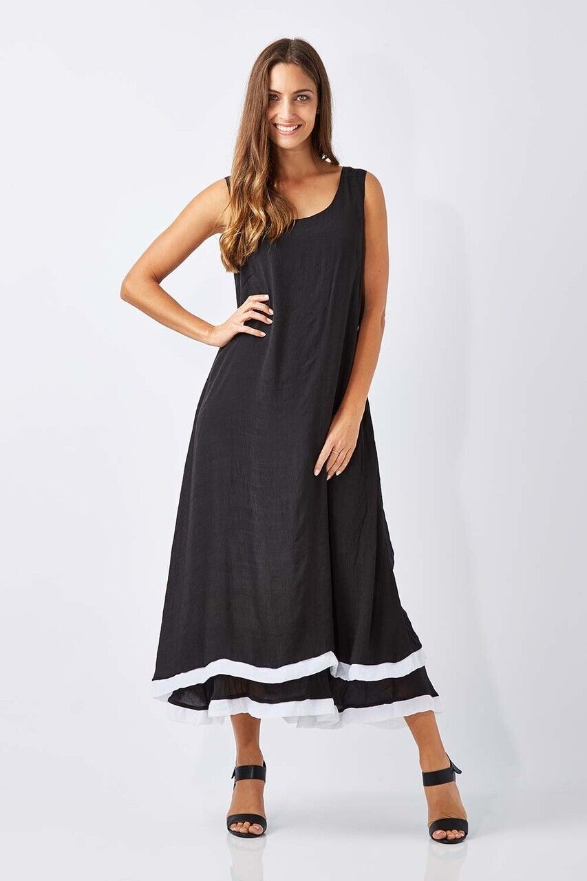 Maxi Dress BEE KEEPERS Black & White Hem Trim Sleeveless A-Line Size 14