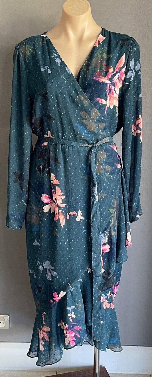 Maxi Dress FRESH SOUL Green & Multicoloured Floral Ruffle Front Wrap Size 16