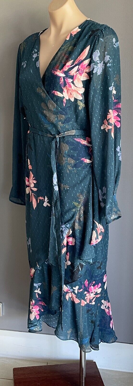 Maxi Dress FRESH SOUL Green & Multicoloured Floral Ruffle Front Wrap Size 16