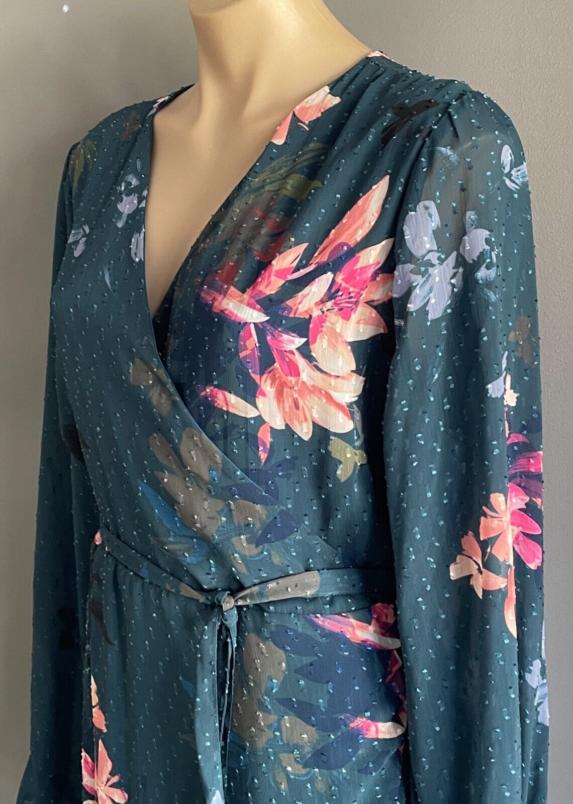 Maxi Dress FRESH SOUL Green & Multicoloured Floral Ruffle Front Wrap Size 16