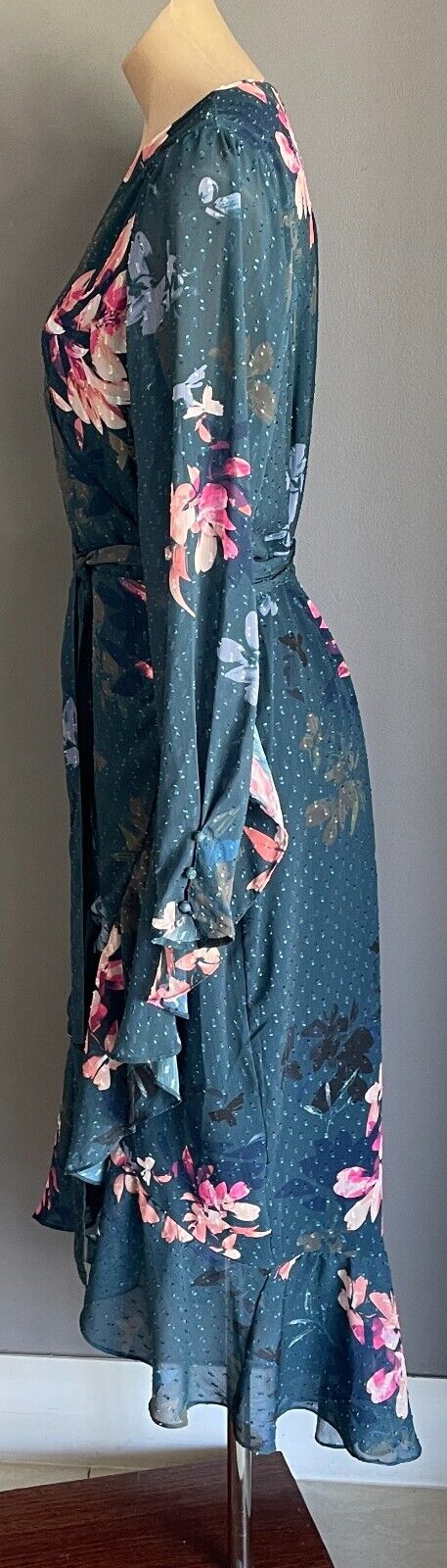 Maxi Dress FRESH SOUL Green & Multicoloured Floral Ruffle Front Wrap Size 16