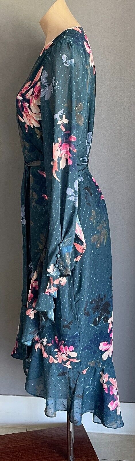 Maxi Dress FRESH SOUL Green & Multicoloured Floral Ruffle Front Wrap Size 16