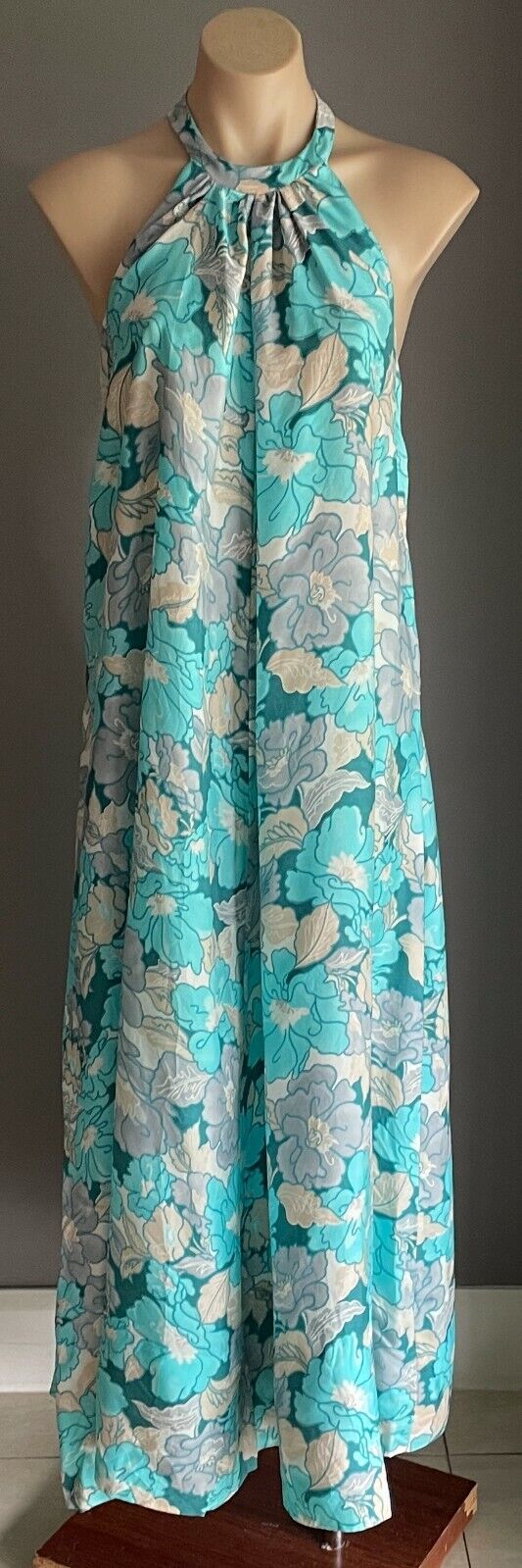 MAXI DRESS Vintage Floral A-Line Blue Grey Beige Off White Halter Neck Sz 10