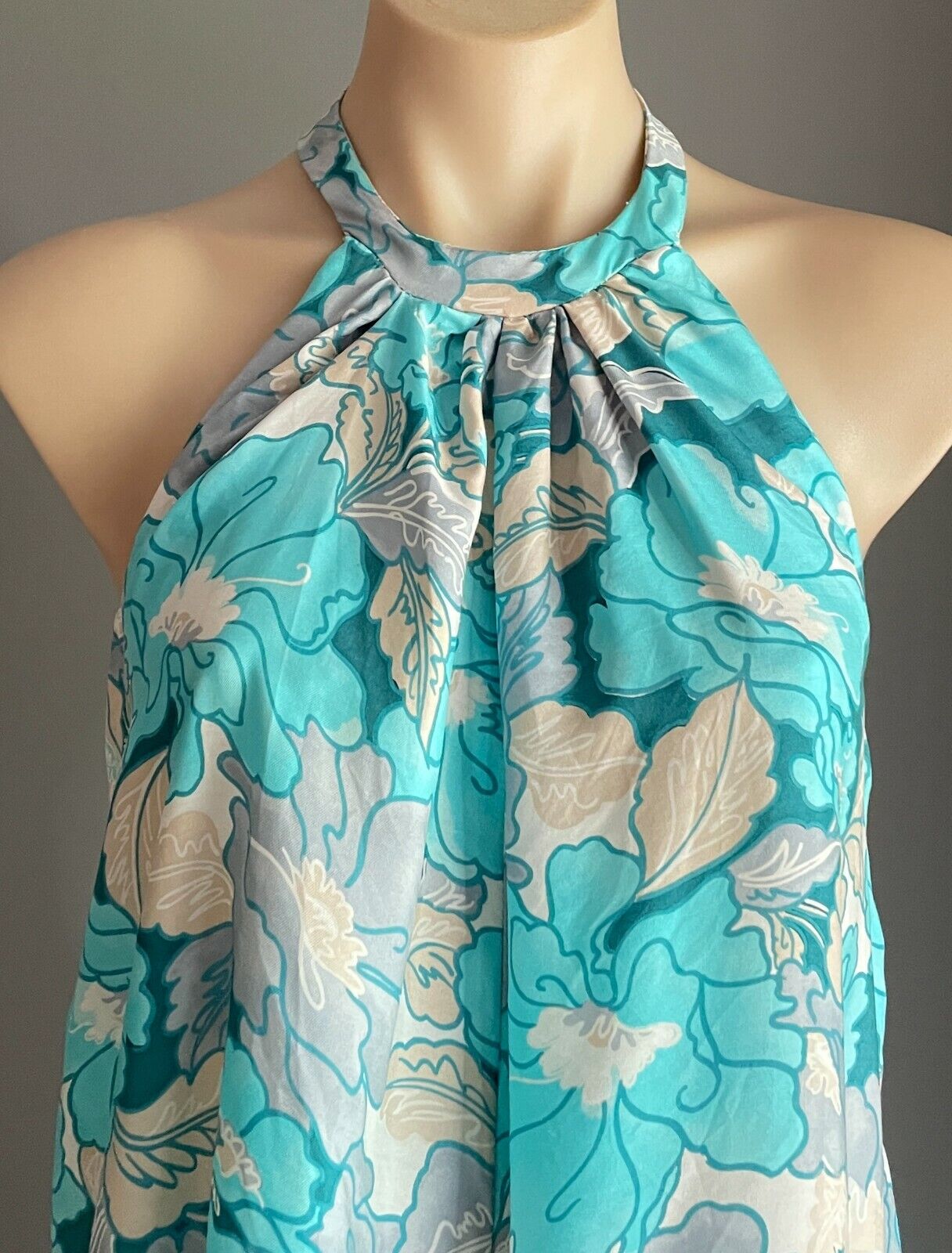 MAXI DRESS Vintage Floral A-Line Blue Grey Beige Off White Halter Neck Sz 10
