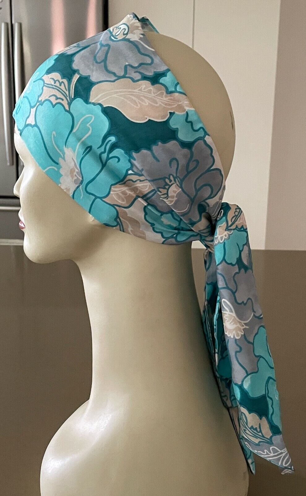 MAXI DRESS Vintage Floral A-Line Blue Grey Beige Off White Halter Neck Sz 10