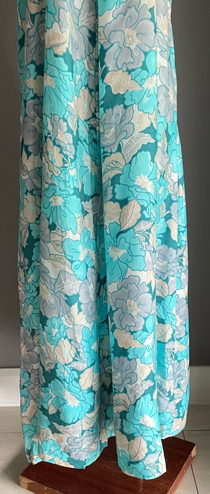 MAXI DRESS Vintage Floral A-Line Blue Grey Beige Off White Halter Neck Sz 10