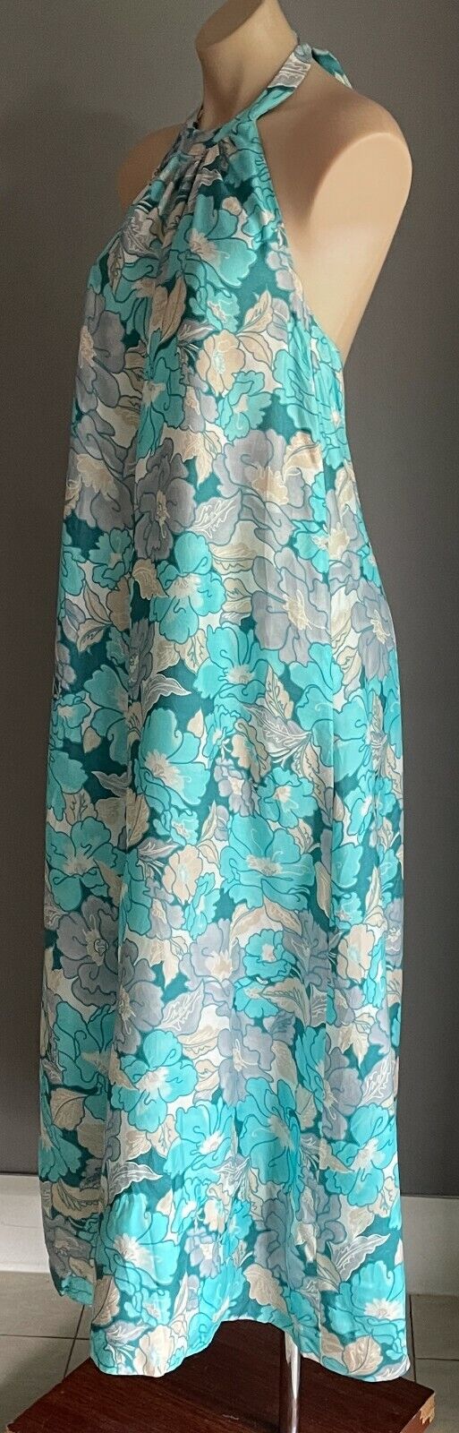 MAXI DRESS Vintage Floral A-Line Blue Grey Beige Off White Halter Neck Sz 10