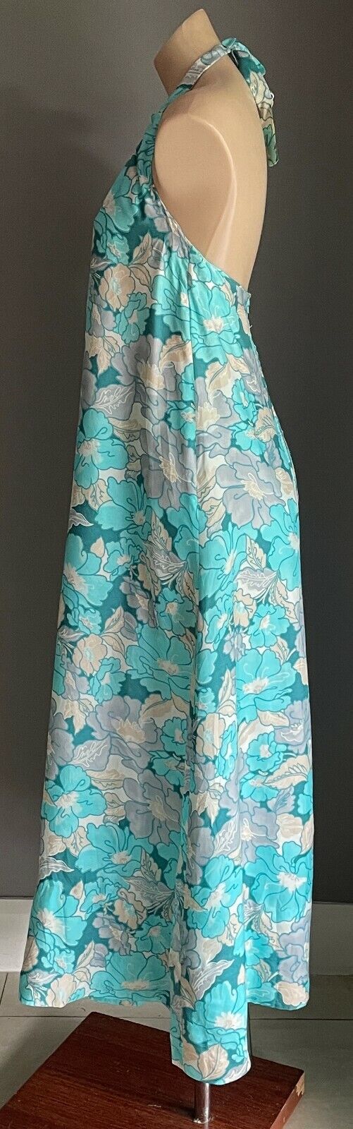 MAXI DRESS Vintage Floral A-Line Blue Grey Beige Off White Halter Neck Sz 10