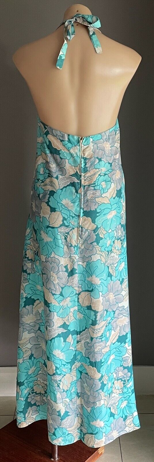 MAXI DRESS Vintage Floral A-Line Blue Grey Beige Off White Halter Neck Sz 10