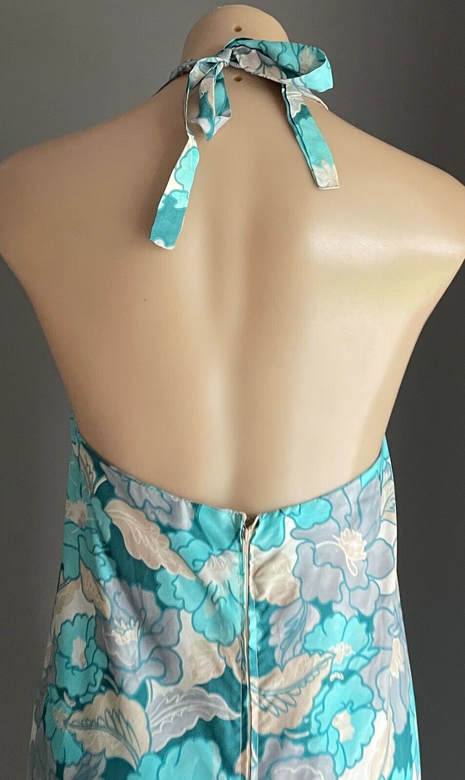MAXI DRESS Vintage Floral A-Line Blue Grey Beige Off White Halter Neck Sz 10