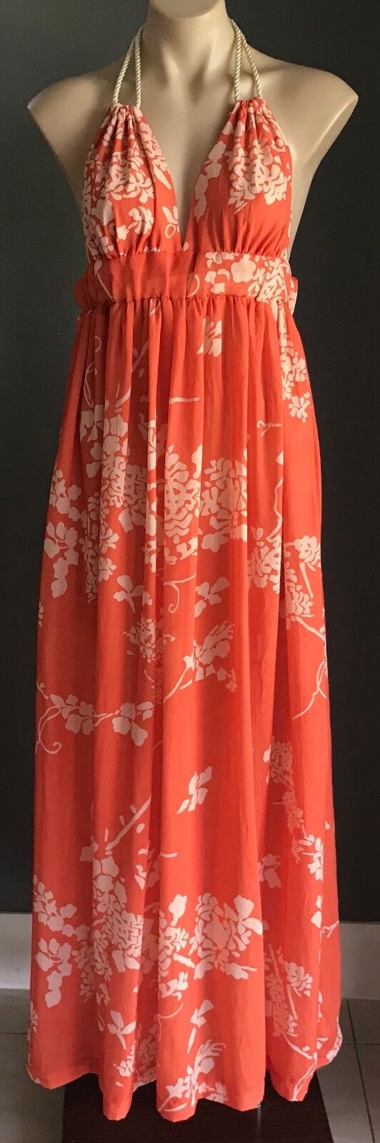 Maxi Dress LEMISEE Orange & Beige Floral Print Open Back Halter Neck Size 10