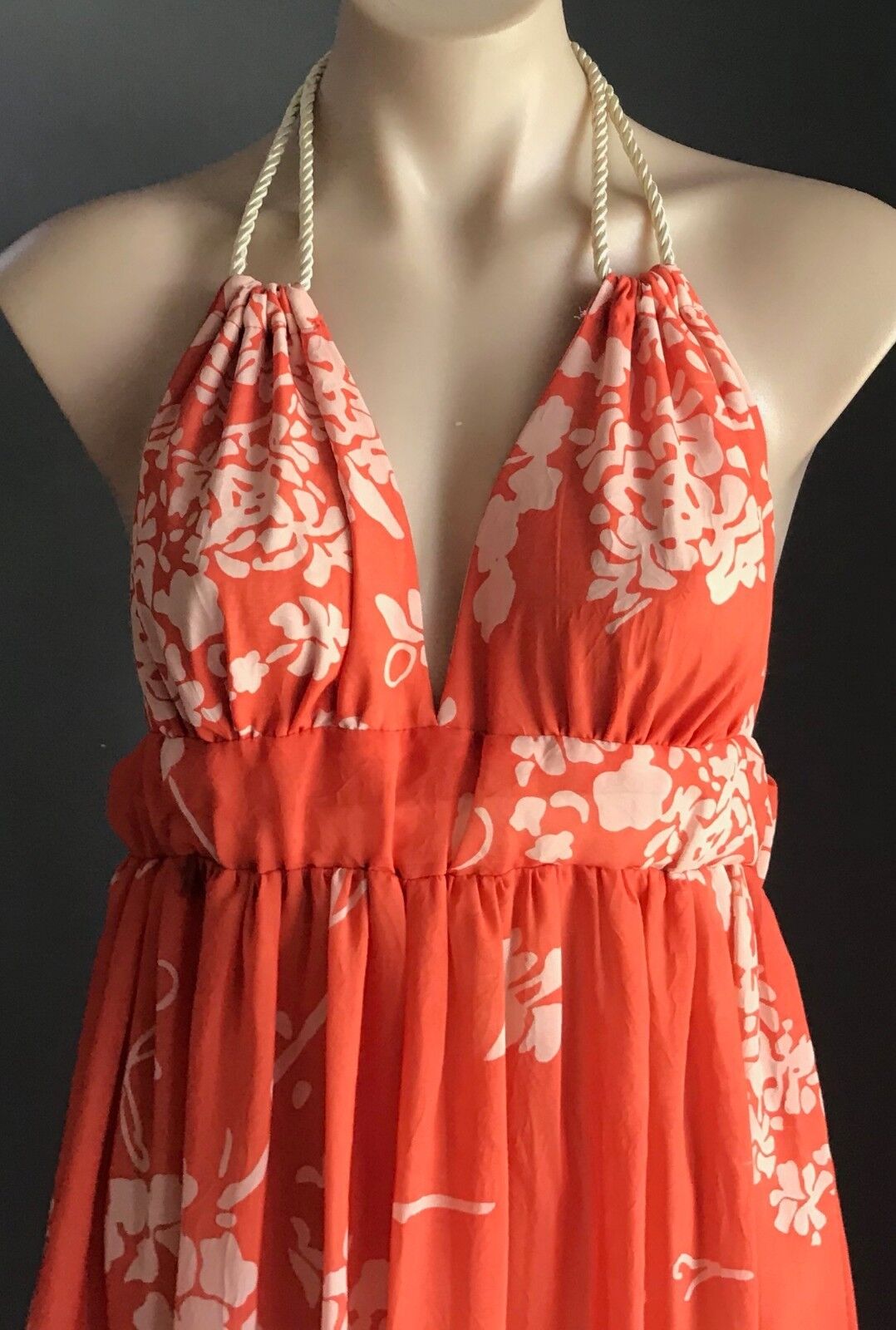 Maxi Dress LEMISEE Orange & Beige Floral Print Open Back Halter Neck Size 10
