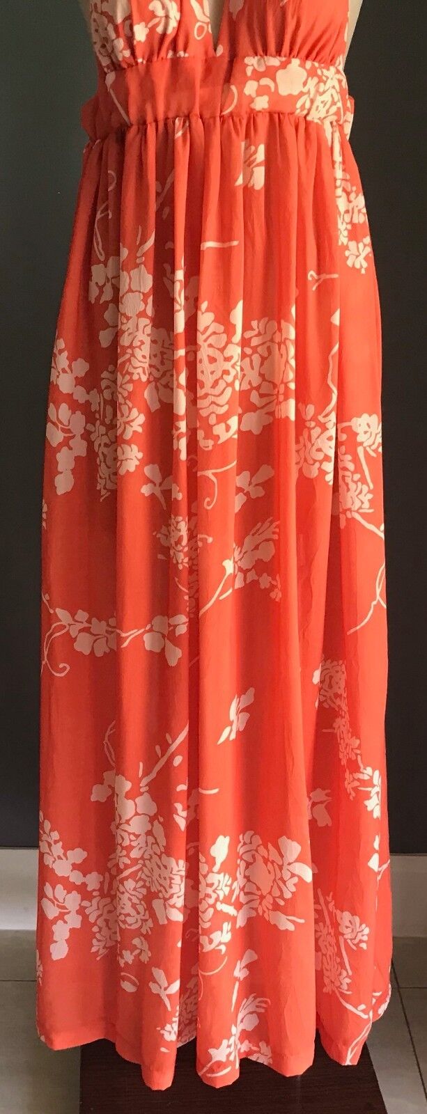 Maxi Dress LEMISEE Orange & Beige Floral Print Open Back Halter Neck Size 10