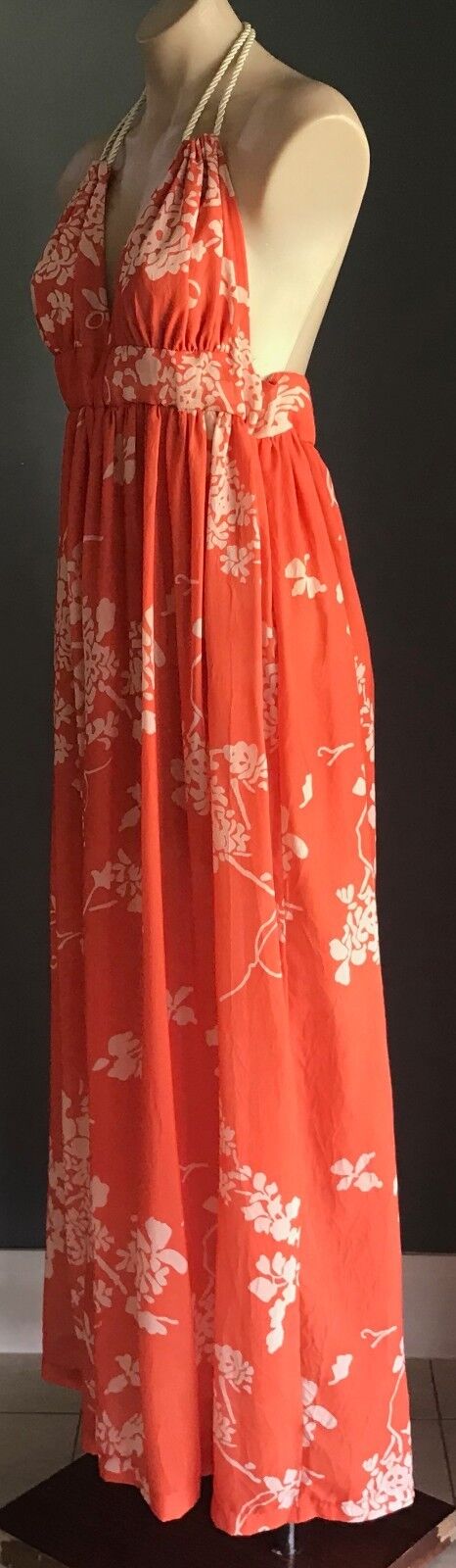 Maxi Dress LEMISEE Orange & Beige Floral Print Open Back Halter Neck Size 10