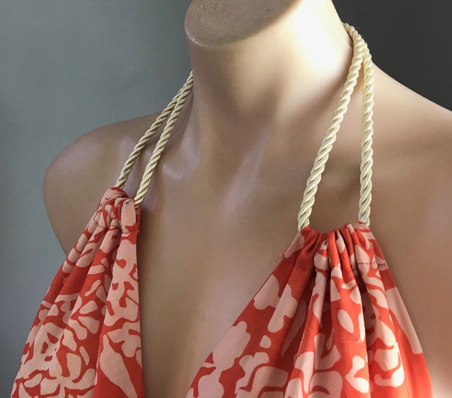 Maxi Dress LEMISEE Orange & Beige Floral Print Open Back Halter Neck Size 10