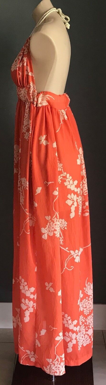 Maxi Dress LEMISEE Orange & Beige Floral Print Open Back Halter Neck Size 10