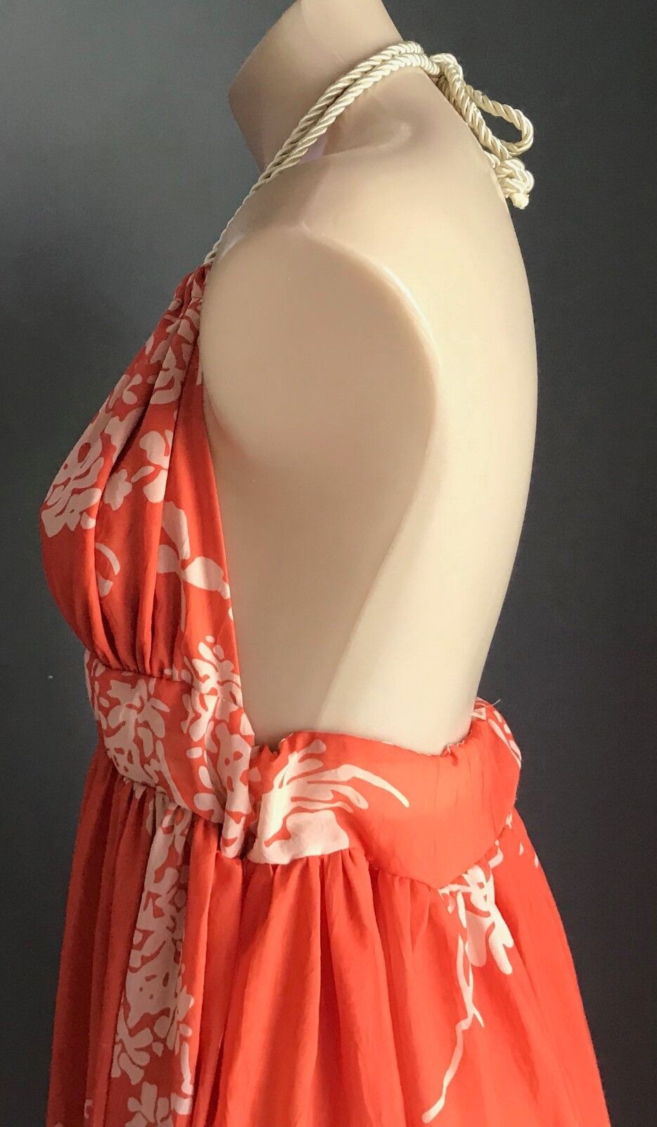 Maxi Dress LEMISEE Orange & Beige Floral Print Open Back Halter Neck Size 10