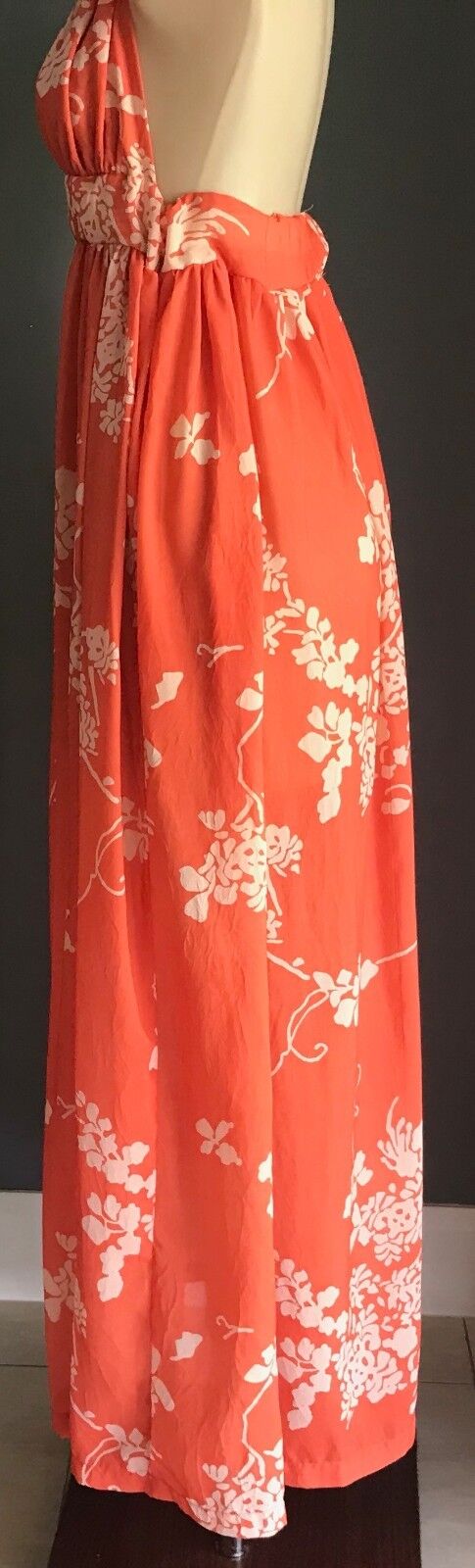 Maxi Dress LEMISEE Orange & Beige Floral Print Open Back Halter Neck Size 10