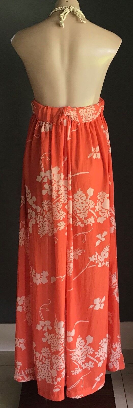 Maxi Dress LEMISEE Orange & Beige Floral Print Open Back Halter Neck Size 10
