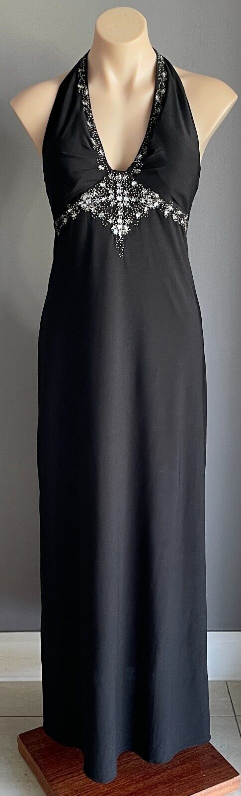 MISS ANNE Gown Black Crystal & Bead Trim Halter Neck A-Line Maxi Dress Size L 10