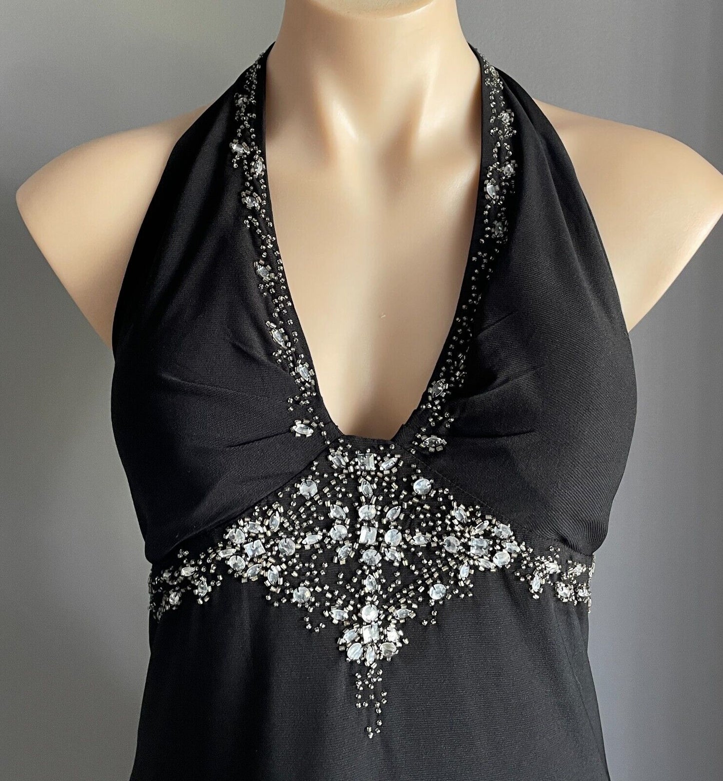 MISS ANNE Gown Black Crystal & Bead Trim Halter Neck A-Line Maxi Dress Size L 10