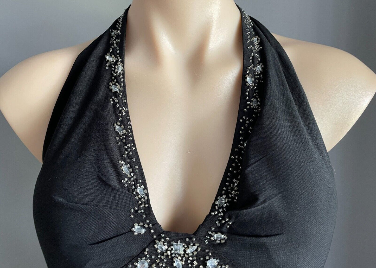 MISS ANNE Gown Black Crystal & Bead Trim Halter Neck A-Line Maxi Dress Size L 10