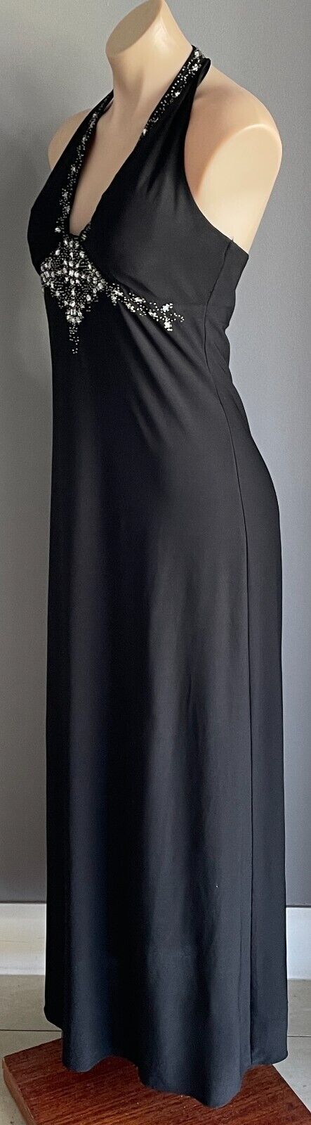 MISS ANNE Gown Black Crystal & Bead Trim Halter Neck A-Line Maxi Dress Size L 10