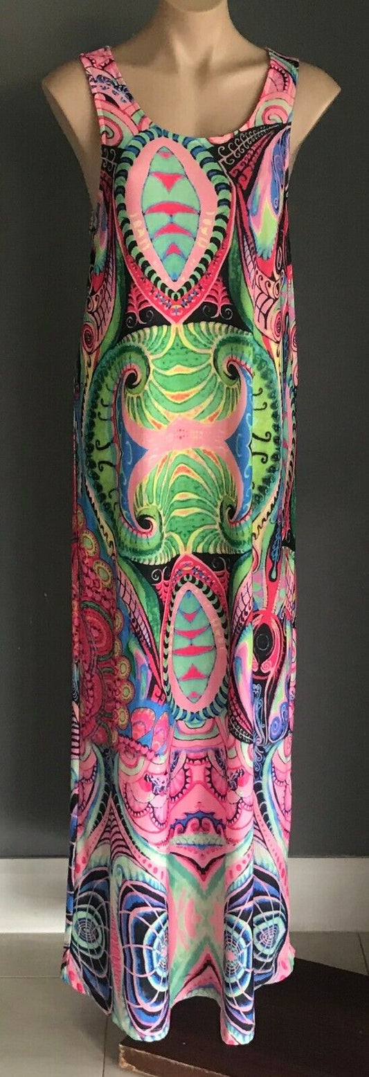 Maxi Dress MIRACLE MultiColoured & Print Sleeveless A-line Racer Back Size 14