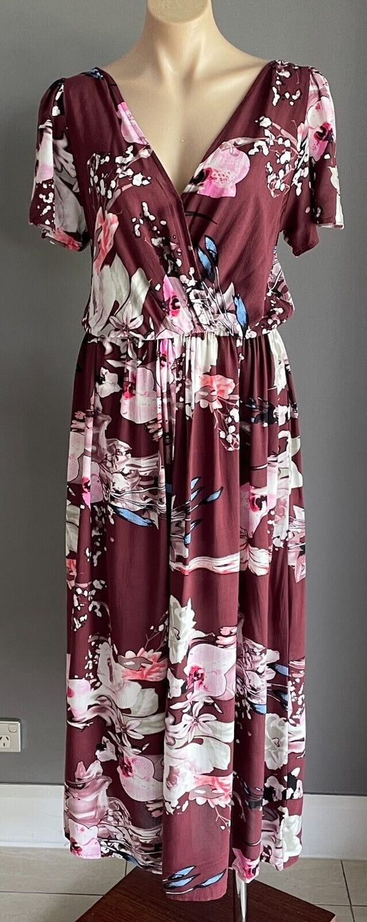 JASSE Maxi Dress Burgundy Floral Short Sleeve Elastic Waist Keyhole Back S 10