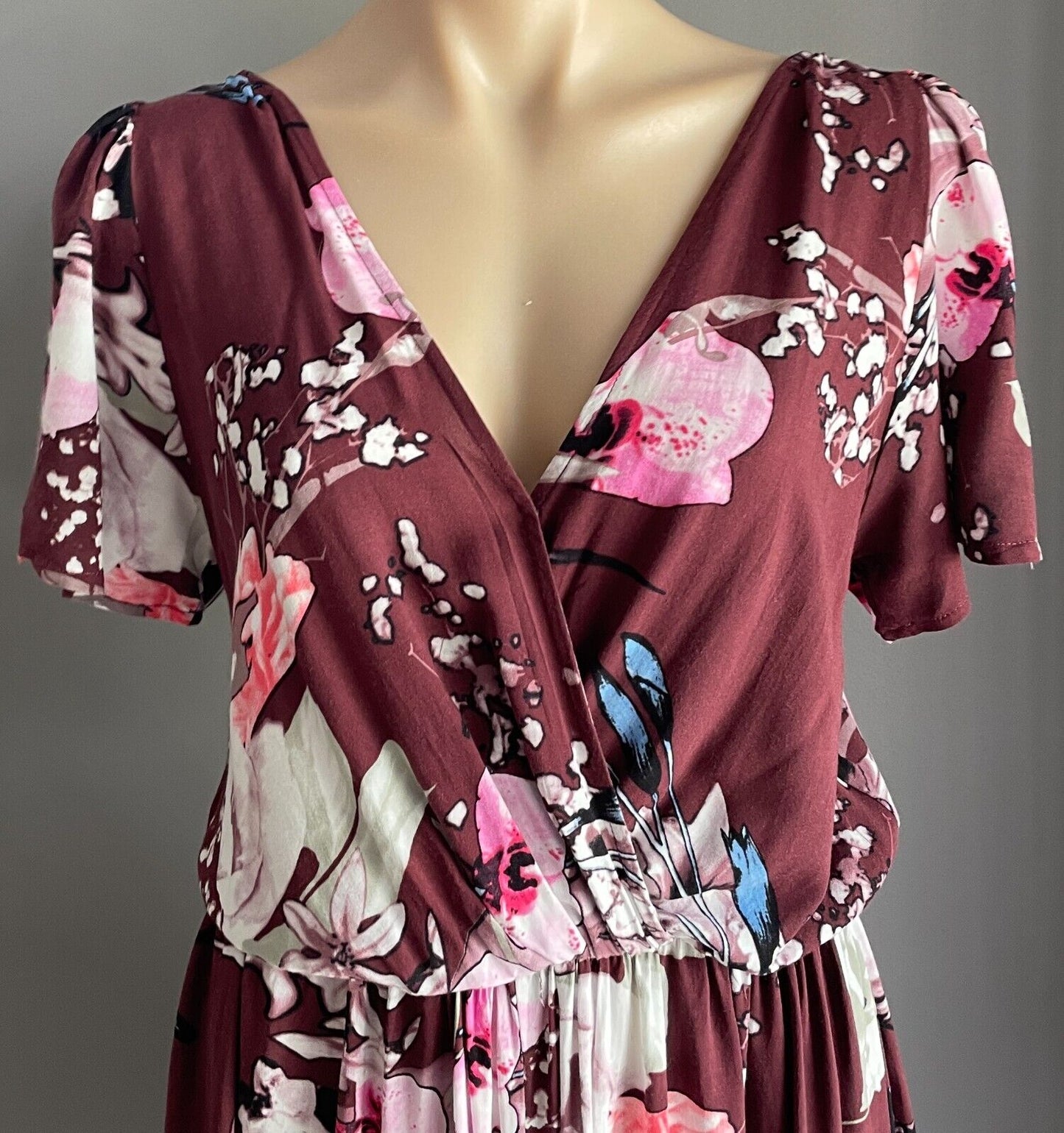 JASSE Maxi Dress Burgundy Floral Short Sleeve Elastic Waist Keyhole Back S 10