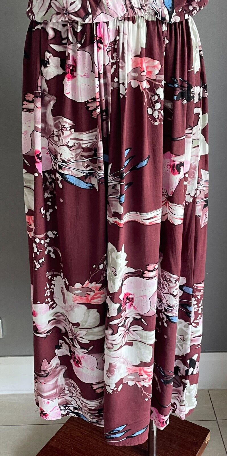 JASSE Maxi Dress Burgundy Floral Short Sleeve Elastic Waist Keyhole Back S 10