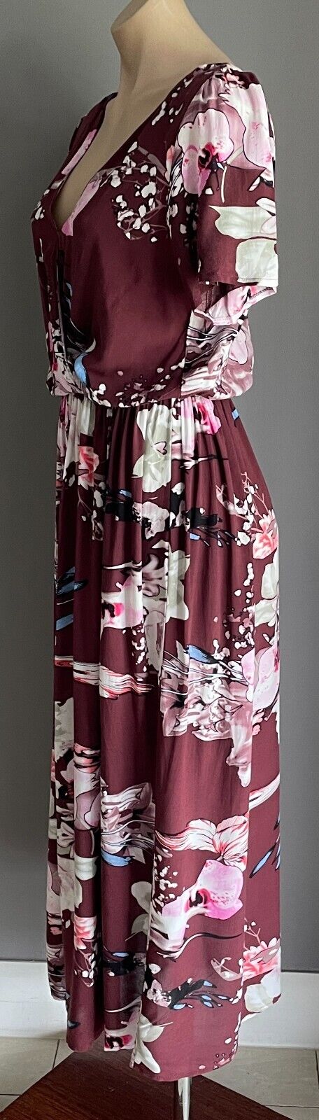 JASSE Maxi Dress Burgundy Floral Short Sleeve Elastic Waist Keyhole Back S 10