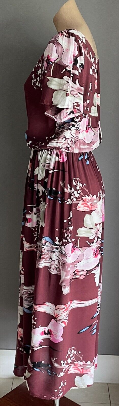 JASSE Maxi Dress Burgundy Floral Short Sleeve Elastic Waist Keyhole Back S 10