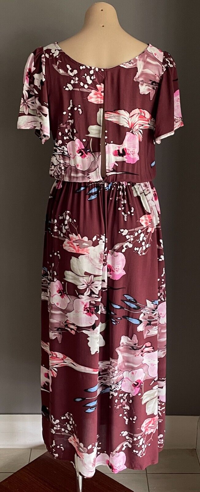 JASSE Maxi Dress Burgundy Floral Short Sleeve Elastic Waist Keyhole Back S 10