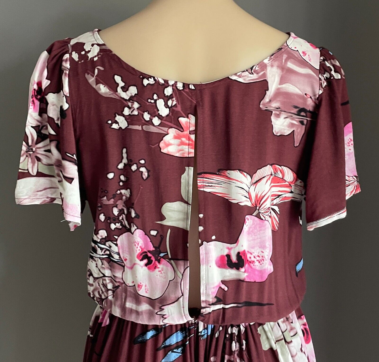 JASSE Maxi Dress Burgundy Floral Short Sleeve Elastic Waist Keyhole Back S 10