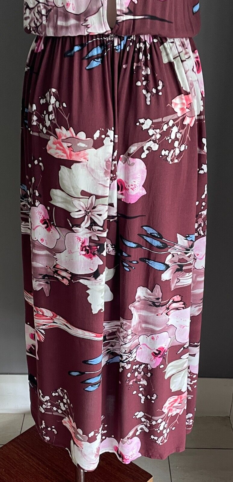 JASSE Maxi Dress Burgundy Floral Short Sleeve Elastic Waist Keyhole Back S 10