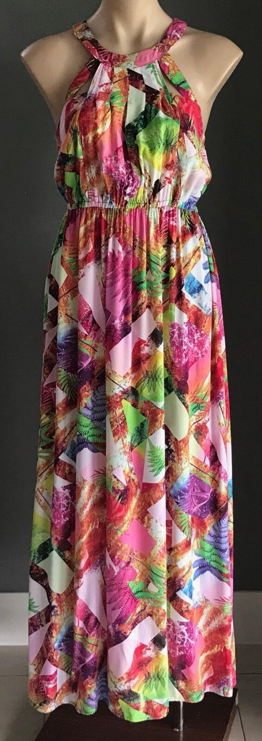 Maxi Dress SILVER WISHES Bright MultiColoured Print Cut Out Bodice Size 8 10