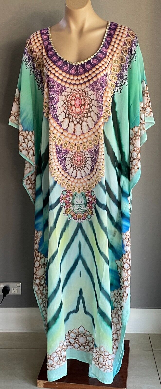 IZABEL LONDON Long Kaftan Maxi Dress MultiColour Print Crystals 10 - 14 NEW