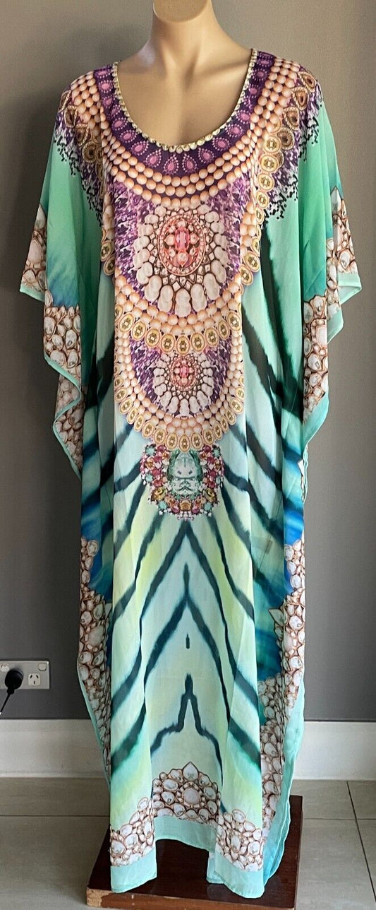 IZABEL LONDON Long Kaftan Maxi Dress MultiColour Print Crystals 10 - 14 NEW