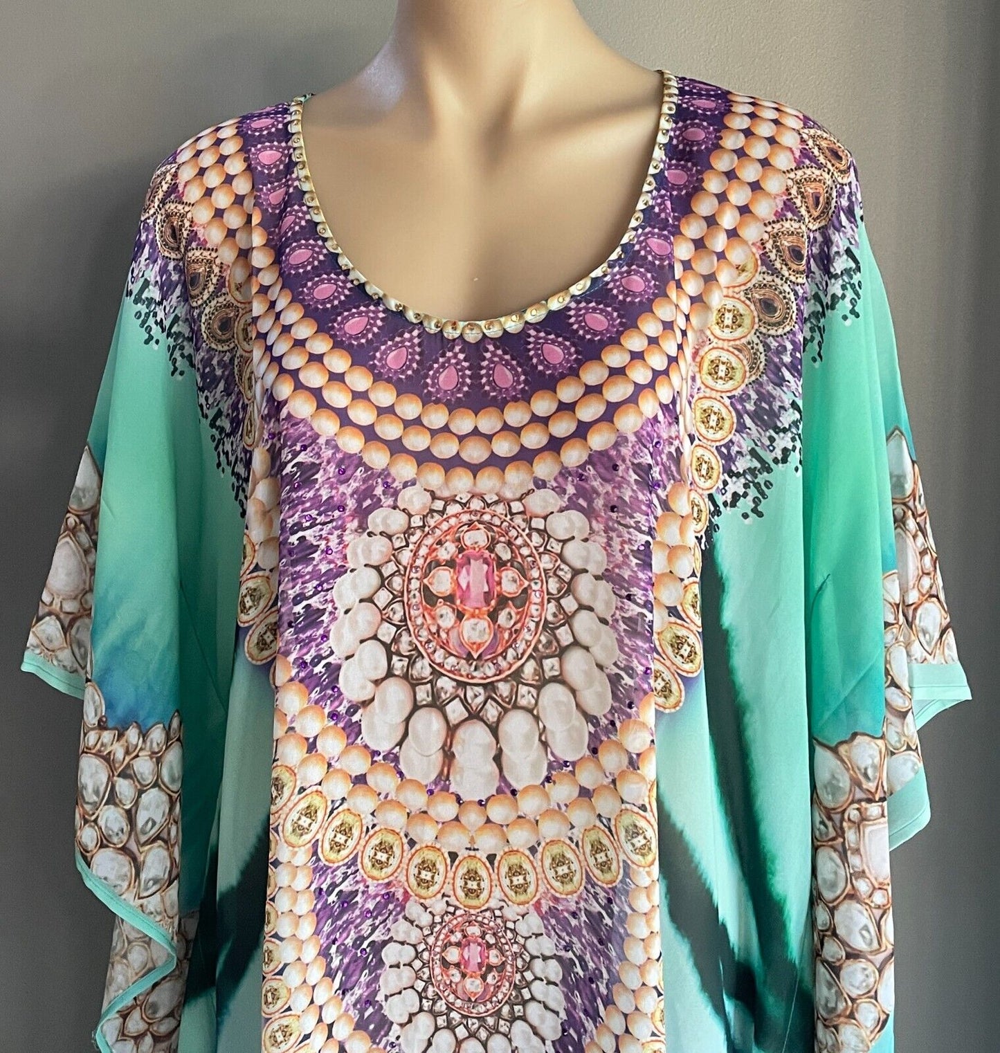 IZABEL LONDON Long Kaftan Maxi Dress MultiColour Print Crystals 10 - 14 NEW