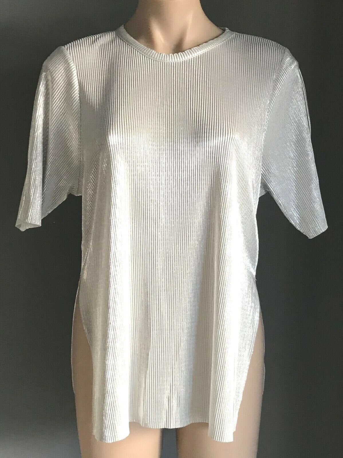 TOPSHOP Top Slinky Silver Self Stripe Stretch Short Sleeve Side Slits Tee Sz 10